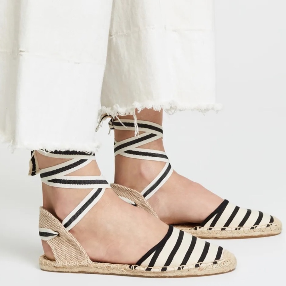 Sandals Soludos Striped Espadrille Sandals Lace Up Natural & Black